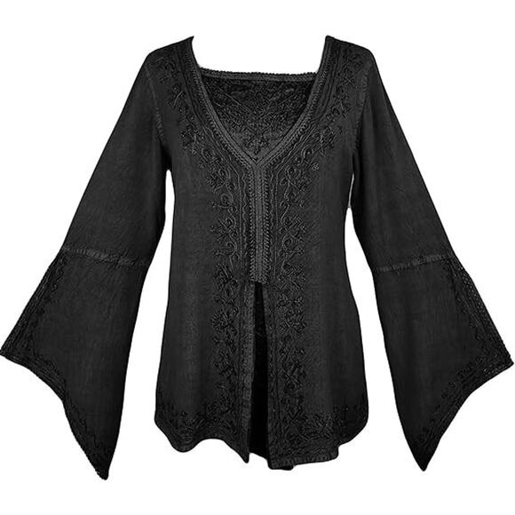 Agan Traders Tops - Agan Traders Renaissance Gypsy Top Embroidered Peasant Festival Black Whimsigoth